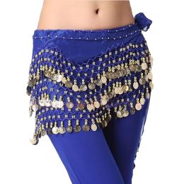 Chiffon Deep Blue Belly Dance Scarf With Dangling Gold Coin Belt Skirt 158 Coins