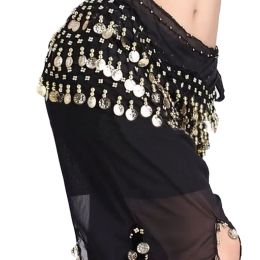 Chiffon Black Belly Dance Scarf With Dangling Gold Coins Belt Skirt