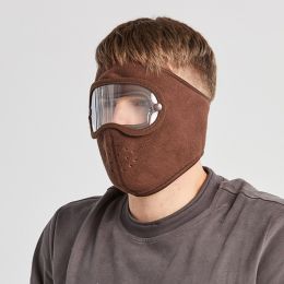 Windproof Face Warm Mask; Winter Ski Breathable Masks Fleece Face Shield Caps With HD Goggles Anti-fog Cycling Balaclava (Color: coffee)