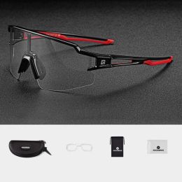 Photochromic Cycling Glasses Polarized Built-in Myopia Frame Sports Sunglasses (Color: Black and red)